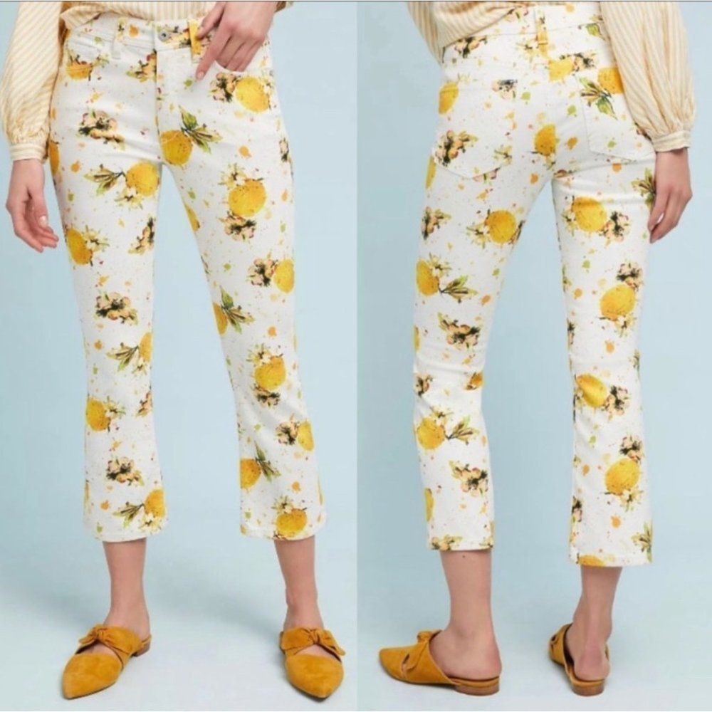 Anthropologie Pilcro High-Rise Bootcut Lemon Grove Print White Jeans Size 26
